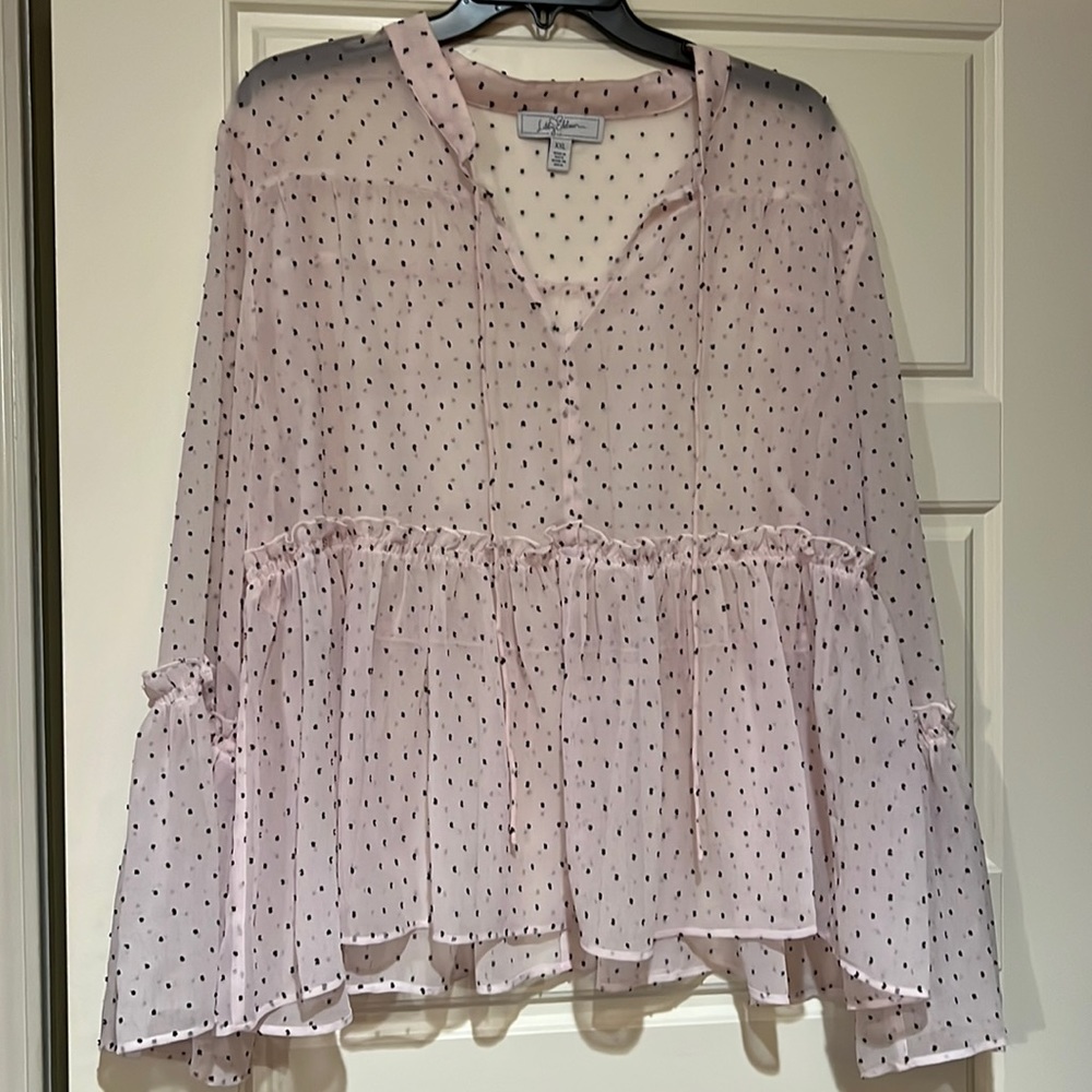 Libby Edelman sheer ruffle sleeve blouse polka dot Xxl